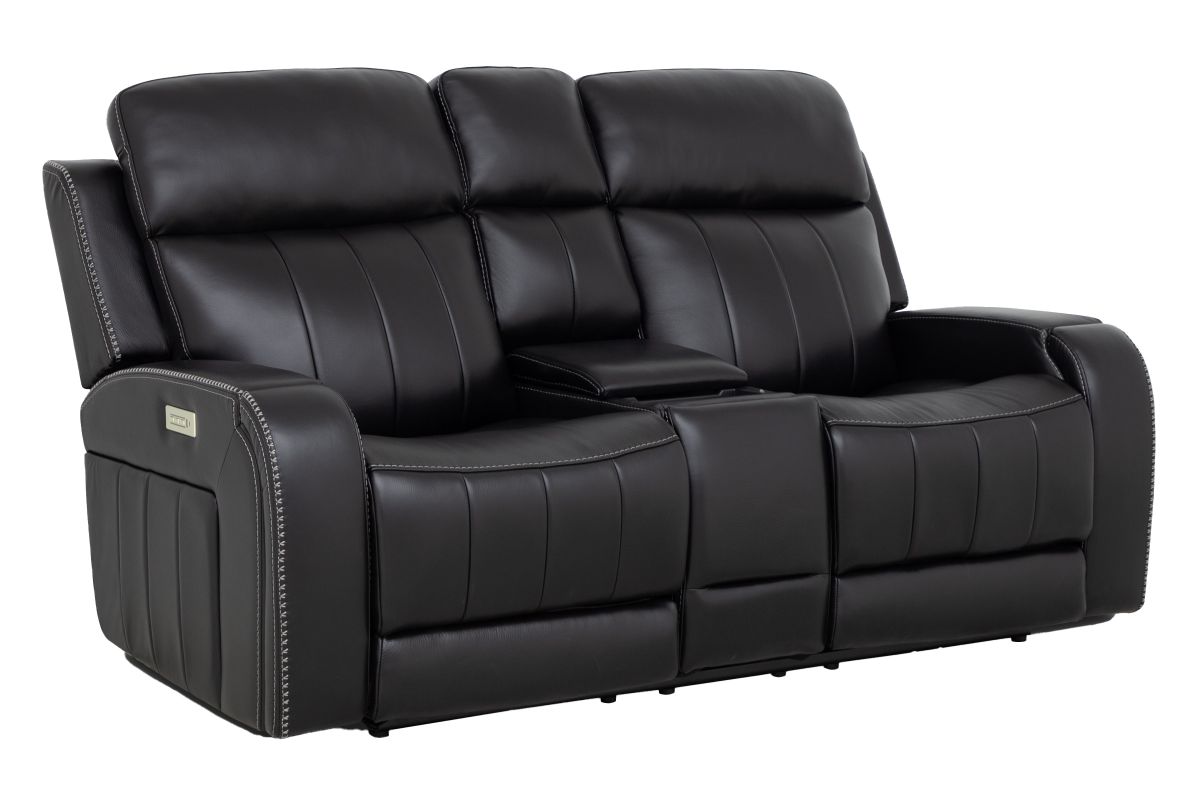 Maverick Black Audio Triple Power Leather Reclining Console Loveseat 3