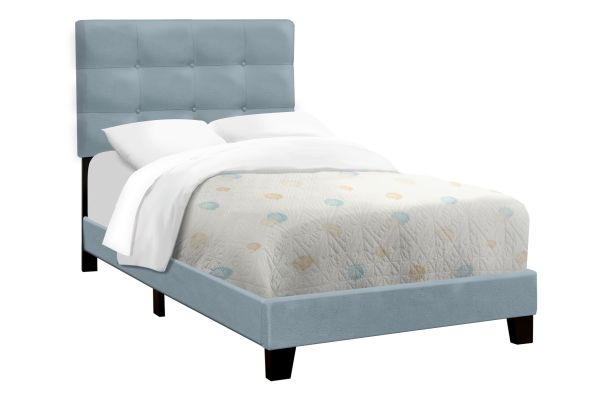 Monarch Specialties I 5919T - Twin Size Light Blue Upholstered Bed Frame