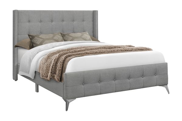 Monarch Specialties I 6040Q - Queen Size Grey Linen Upholstered Bed Frame