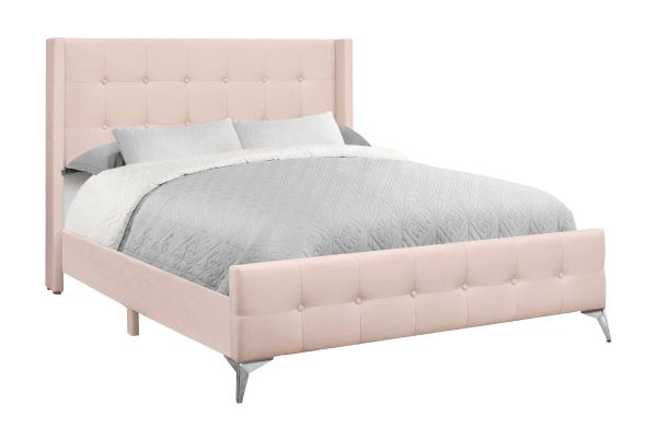 Monarch Specialties I 6042Q - Queen Size Pink Velvet Upholstered Bed Frame
