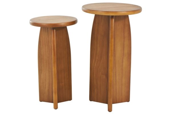 Set of 2 Brown Wood Pedestal Side Accent Tables