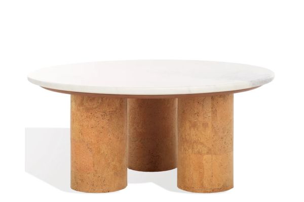 Wood Coffee Table with Beige Round Marble Top