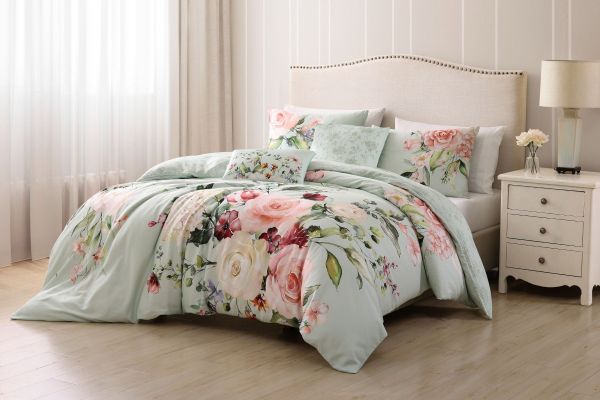  Rose on Misty Green 5 Piece 100% Cotton Reversible Comforter Set - King
