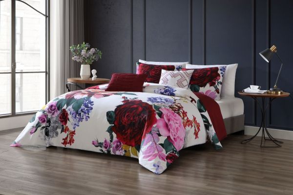  Magenta Floral 5 Piece 100% Cotton Reversible Comforter Set - King