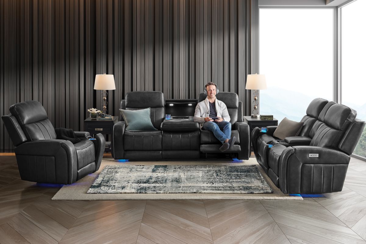 Maverick Black Audio Triple Power Leather Reclining Sofa 8