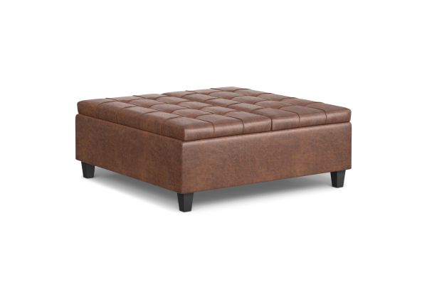 Harrison Large Square Coffee Table Storage Ottoman - Distressed Saddle Brown