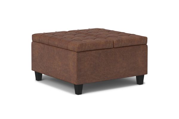 Harrison Small Square Coffee Table Storage Ottoman - Distressed Saddle Brown