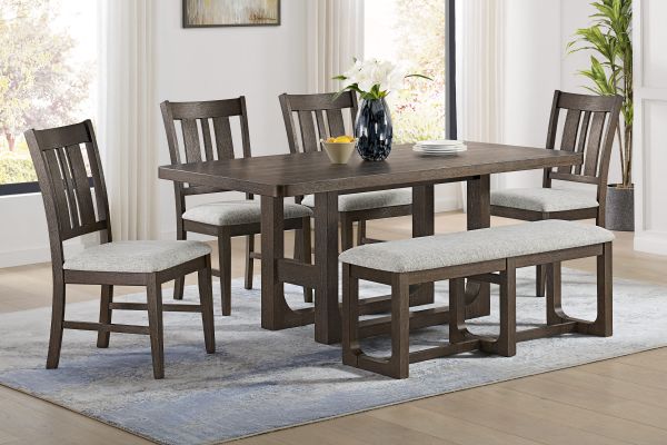 Hadley Brown Dining Table + 4 Dining Chairs + Bench