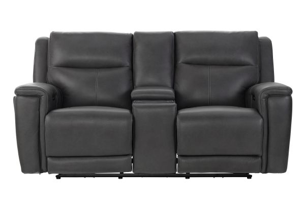 Sonic Grey Leather Audio Dual Power Reclining Console Loveseat